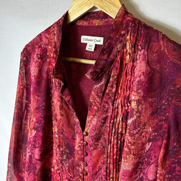 Coldwater Creek NWOT Burgundy Pink Abstract Sheer Pleated Button-up LS Tunic XL - Picture 4 of 13